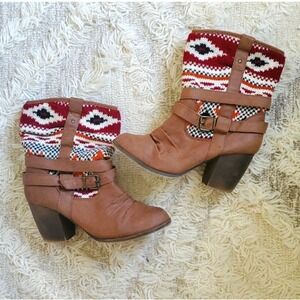 Tan Knit Ankle Boots Women Size 8 Southwestern Boho Buckle